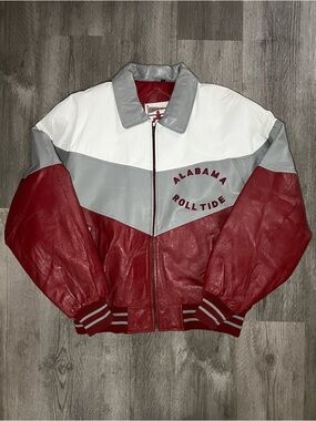 NCAA Alabama Crimson Tide Red Gray White Colorblock Leather Bomber Jacket